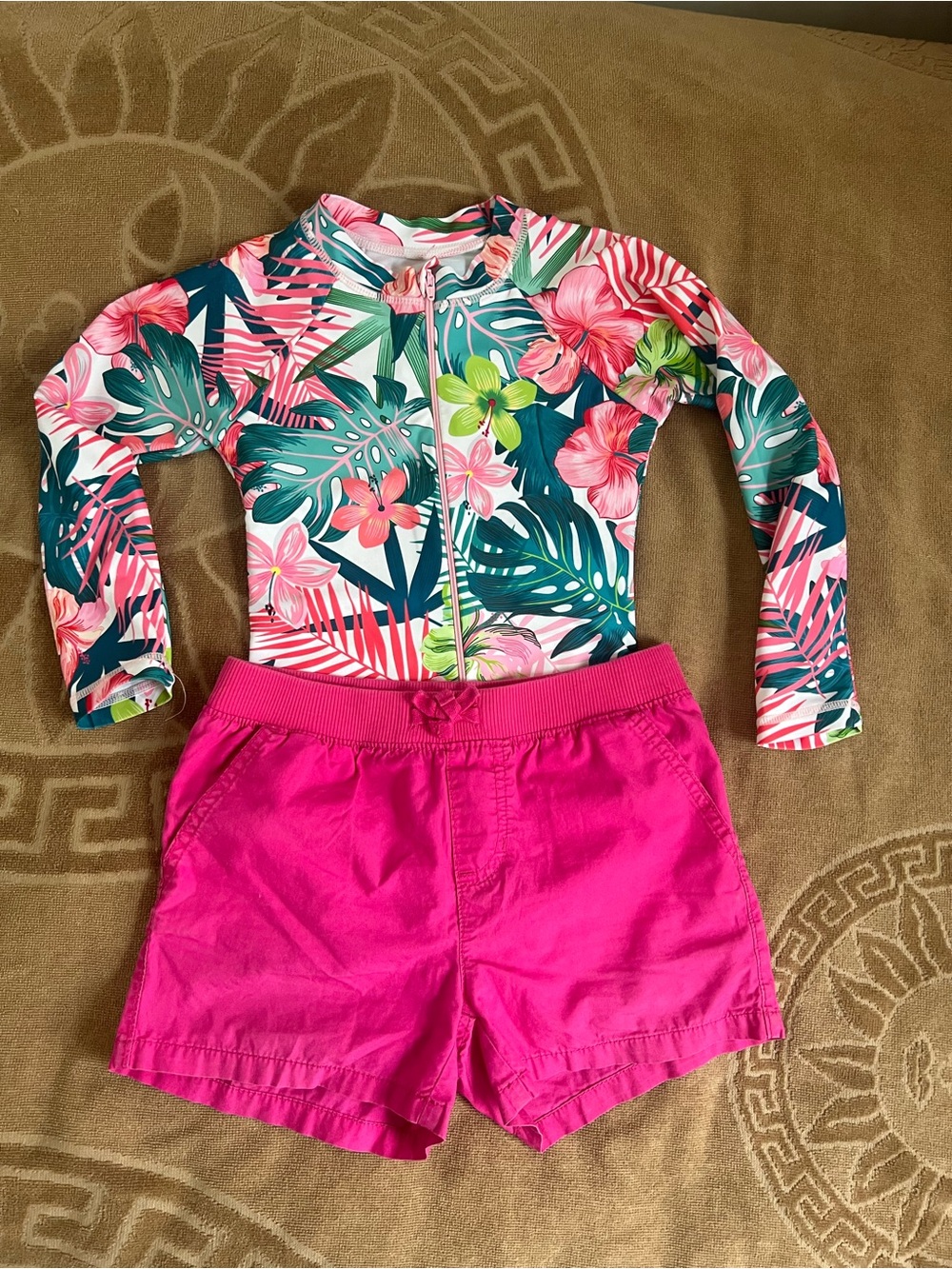 Pink shorts and Floral & Teal Long-Sleeve swimsuit  Set